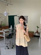  2024韩国chic女式复古竖条纹棉麻无袖衬衫女