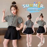 韩版中大儿童套装2024夏季女孩洋气时尚短格子衬衫裙裤两件套