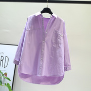 浅紫色贴标字母长袖纯棉女士衬衫春装茶歇法式设计感休闲上衣