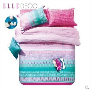 ELLE DECO家纺法国时尚字母组合条纹四件套全棉贡缎印花四件套