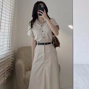 韩国chic复古气质翻领纯色短袖衬衫+高腰显瘦半身裙长裙两件套女