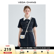 vegachang牛仔连衣裙夏季女2024年法式蕾丝娃娃领衬衫裙子
