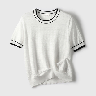 天丝莱赛尔白色短袖t恤女士夏季宽松镂空薄款设计感小香针织上衣