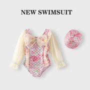 儿童泳衣女童连体长袖，可爱美人鱼游泳衣中小童女孩宝宝公主泳装