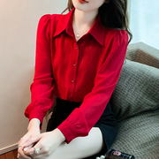 2022秋季长袖衬衫女红色，亮丝时尚简约宽松显瘦条纹烫钻雪纺衫