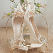 法式花朵婚鞋新娘鞋婚纱婚礼服，绸缎面高跟鞋女细跟伴娘鞋2023