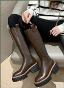 牛皮咖啡棕色骑士靴粗腿女厚底高筒靴小个子厚底长靴高跟长筒靴