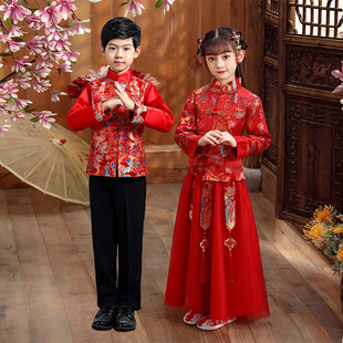 中式婚礼花童礼服绸缎面儿童，秀禾服红色拜年服女童唐装男童中山装