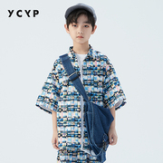 ycyp童装网红炸街男童，花衬衫短袖夏季儿童，衬衣男帅气纯棉上衣