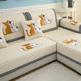防滑沙发垫布艺四季通用坐垫，简约现代卡通猫皮沙发巾罩套盖布座垫