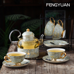 锋源陶瓷大理石茶具，整套茶具家用骨瓷花茶，水果茶壶套装耐高温