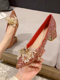 红色婚鞋女婚纱秀禾两穿新娘，鞋2024年法式水晶高跟鞋粗跟单鞋