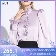 AUI紫色设计感泡泡袖衬衫女2024春秋立领小众上衣高级感衬衣