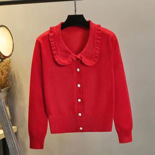 红色娃娃领针织开衫，女春秋2023修身短款毛衣，外套高腰外搭上衣