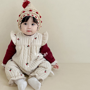 婴儿衣服秋冬装加绒连体衣套装，女宝宝冬季超萌保暖公主哈衣两件套