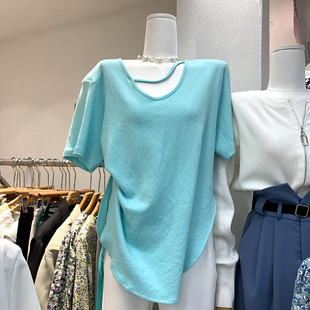 短袖t恤女夏季2021韩版ins潮，下摆弧形开叉，设计感小众宽松上衣