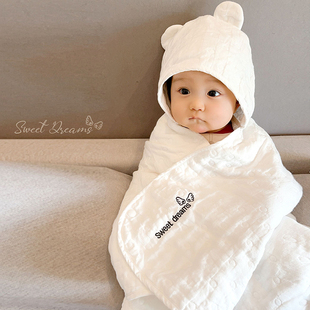 新生儿全棉6层纱布，吸水宝宝浴巾婴儿，包巾儿童带帽斗篷包被可裹