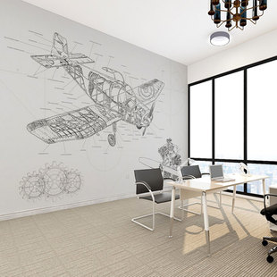 墙纸定制3d立体工，业风飞机图纸办公室背景墙，壁纸卧室墙布客厅壁画
