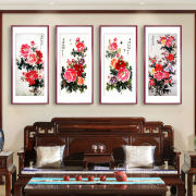 新中式牡丹花客厅装饰画花开富贵壁画，四条屏沙发，背景墙挂画实木框