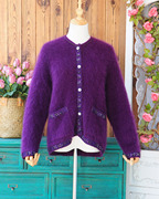 复古小香气质刺绣订珠花朵，高端长马海毛，秋冬紫色厚毛衣女开衫外套