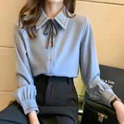 蝴蝶结衬衫女2024年韩版设计感小众翻领系带衬衣春秋长袖上衣