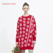 阁兰秀红色提花针织连衣裙羊毛圆领套头毛衣裙中长款宽松冬季保暖