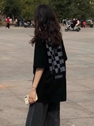 夏季黑色短袖t恤女纯棉2024设计感小众宽松学生半袖正肩上衣韩版