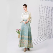 中国风仿妆花织金马面裙汉服，浅绿孔雀连衣裙，中式圆领开衫九分袖
