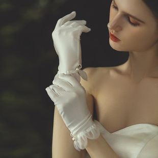 赫本风婚纱手套复古白色，短款缎面花边新娘结婚礼服晚宴