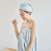 可爱女抹胸浴裙韩版美容院可穿裹胸浴巾卡通珊瑚绒浴帽干发帽套装