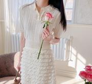 韩国女装partysu2024春款lace钩花花瓣，领短袖针织衫