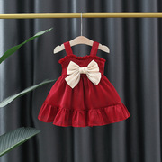 女宝宝夏季吊带裙2024韩版女童洋气公主裙婴儿周岁红色纱裙子