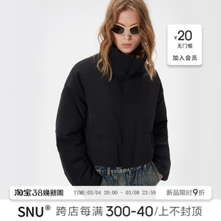 SNU 原创黑色短款立领棉服女冬季加厚保暖设计感小众夹棉外套