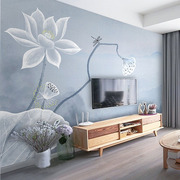 简约新中式背景墙壁布客厅电视墙纸，沙发墙布茶室书房莲花荷花壁画