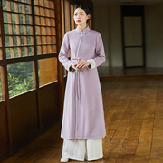 中国风汉服改良旗袍，女秋冬中式复古加厚紫色上衣禅意茶服女装