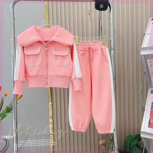 2023女童春秋运动套装母女装抖音网红洋气海军领亲子套装