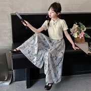 女童夏季中国风套装2024夏装儿童黑白水墨短袖阔腿裙裤两件套