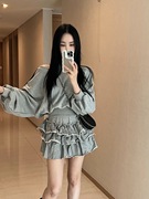 韩国女装2023秋款性感大领口可露肩条纹边宽松蝙蝠袖潮人卫衣