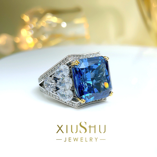 欧美复古人工皇家蓝宝石戒指进口高碳钻食指戒指女夸张大个性