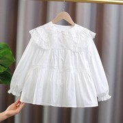 女童娃娃领衬衫春秋2023中大童长袖花边白色，上衣儿童洋派衬衫