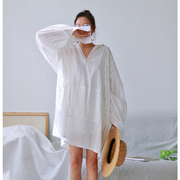 谭烟米 白色衬衫裙女设计感小众2020夏季中长款长袖韩版宽松上衣