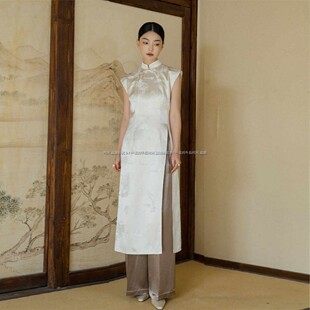 新中式上衣盘扣衬衫仿醋酸复古长袖衫2461国风白色暗纹改良旗袍裙