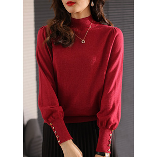 雅绮红色针织衫2023女装泡泡袖，打底衫内搭套头，毛衣半高领秋季