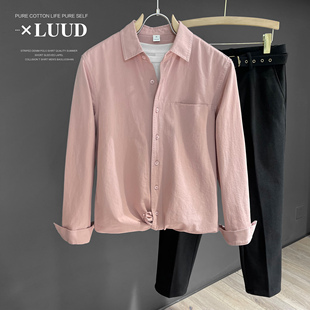 luud2024年很流行的春季衬衫，翻领潮男长袖粉红色内搭外穿衬衣潮