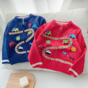 日系miki毛衣男女童毛线，外套春装24儿童汽车，轨道粗线毛衣开衫