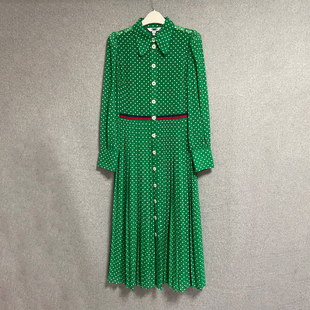 欧美时尚春秋季休闲绿色，波点方领长袖收腰通勤百褶长款衬衫连衣裙