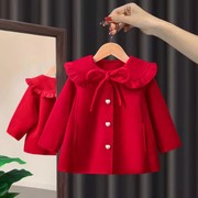 童装女童韩版秋冬毛呢，外套2024红色呢子宝宝，冬季儿童过年大衣