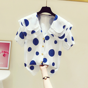 2023夏装韩版时尚娃娃领短袖蓝色波点衬衫女休闲洋气衬衣上衣