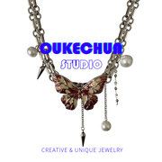 oukechun夸张重工红色蝴蝶项链小众，设计嘻哈亚文化，y2k辣妹锁骨链
