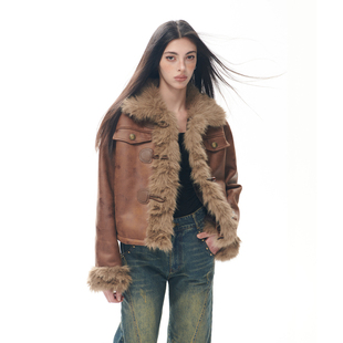 Goosfir 原创设计复古做旧毛绒拼接外套秋冬保暖褐色皮大衣女